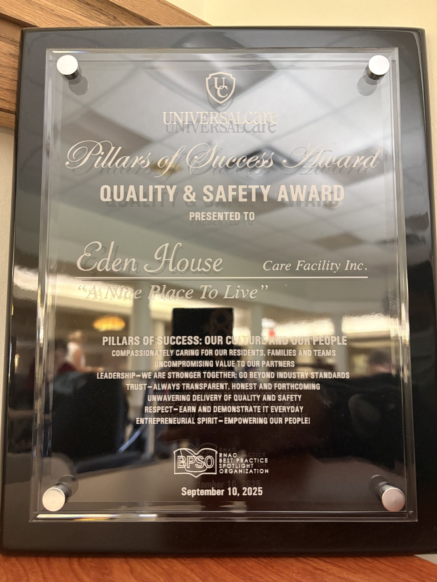 Pillars of Success Award - Quality and Safety Award presented to Eden House